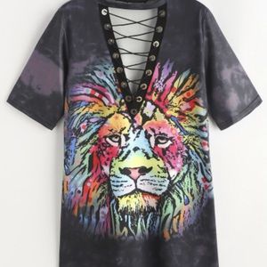 Bleach dye lion print lace up tee dress